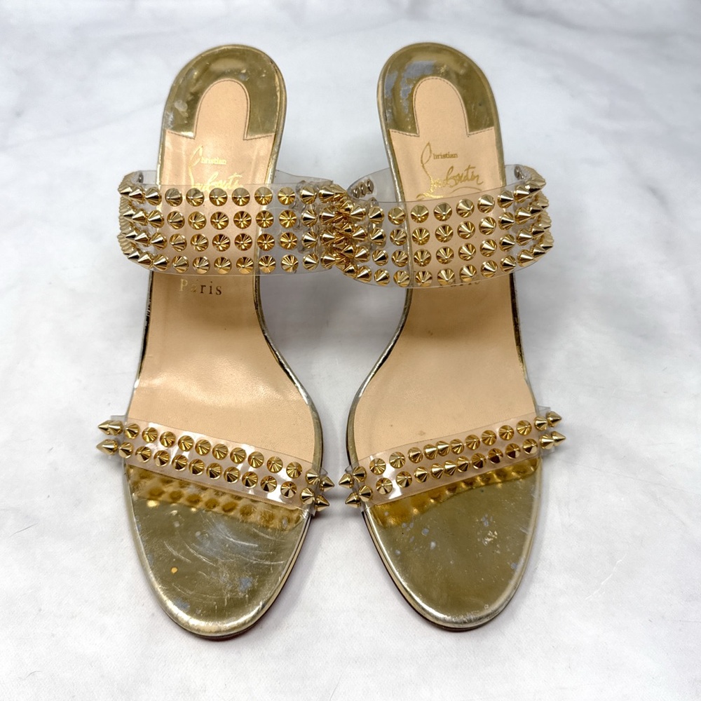 Christian Louboutin Spikes Only PVC Chrome Open Toe Mule Sandal Heels Gold 42 - Picture 3 of 16